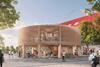 Oxford North’s new landmark timber cycle pavilion in the market square, adjacent to the Red Hall - CGI exterior - credit Fletcher Priest Architects